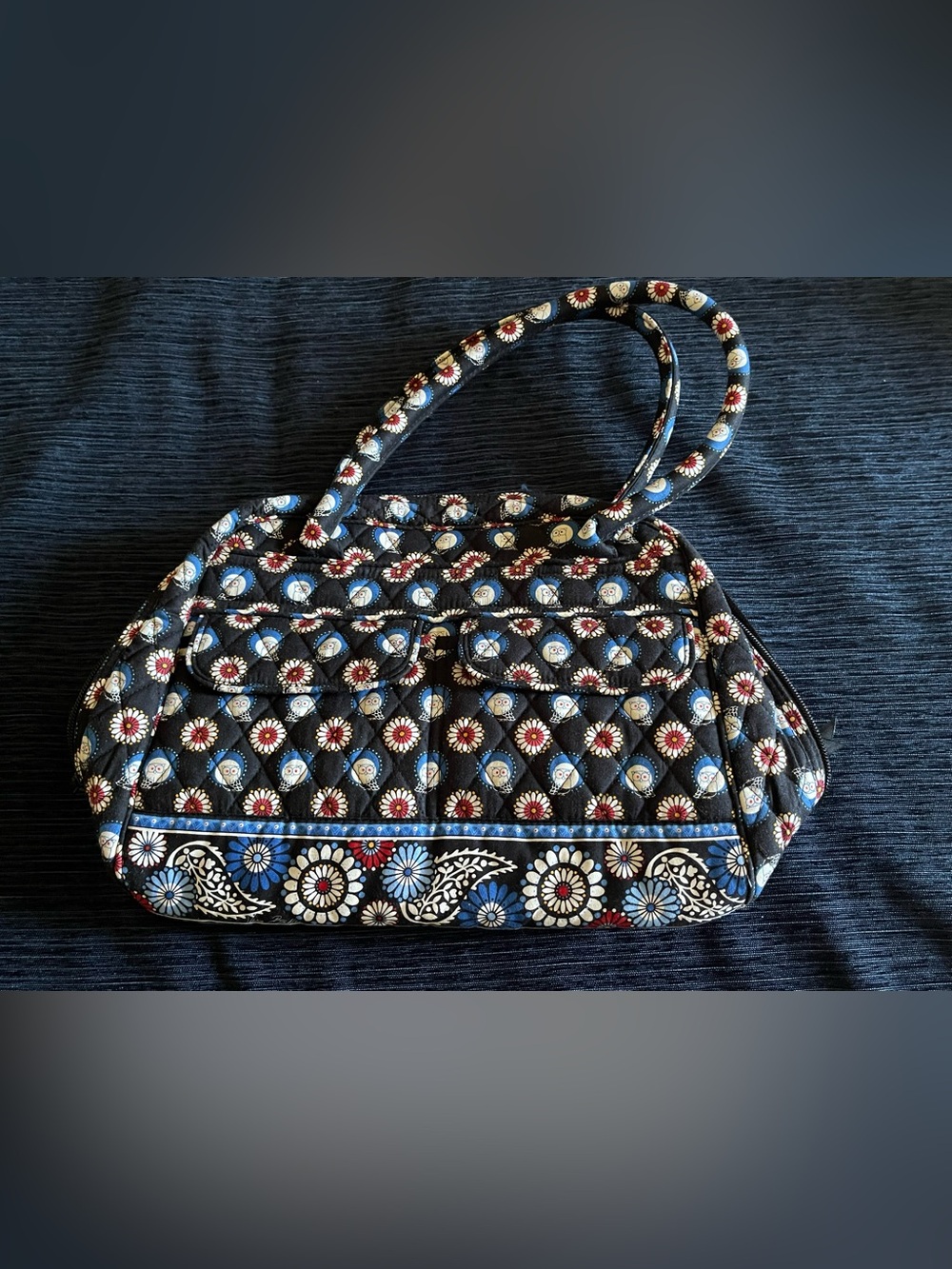 Vera Bradley Quilted Tote, shoulder bag Blue, Black & Red  " Night Owl " 2008